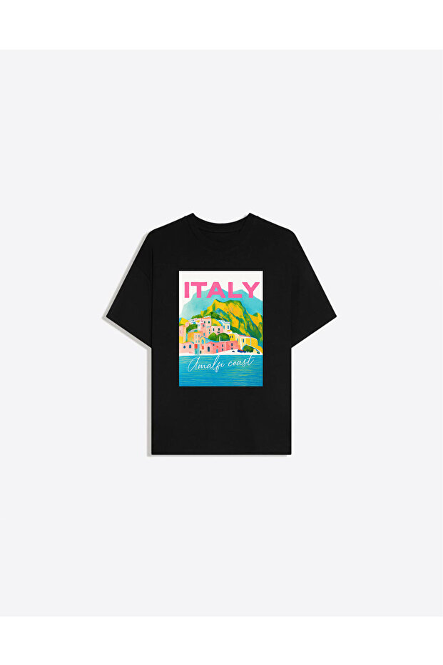 Italy Printed Crew Neck Oversize Trendy Women's T-Shirt
