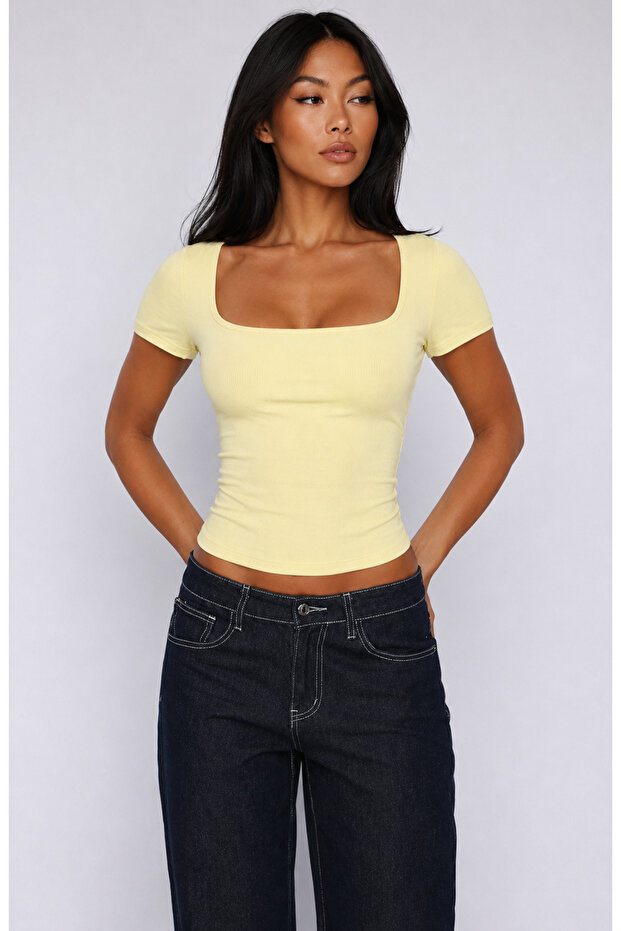 Women's Square Neck Viscose Fabric Combed Cotton Short Sleeve Slim Fit Crop Blouse