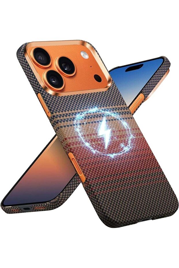 iPhone 17 Pro Max Case: Carbon Fiber Texture, Magnetic Charging, Slim, Lightweight, Shockproof (Gold)