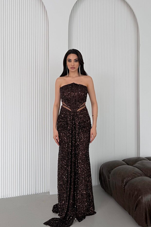 Brown Strapless Waist Detailed Sequined Evening Dress
