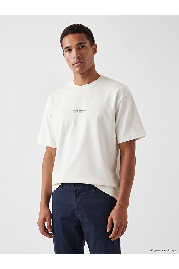 Lcw Vision White Crew Neck Slogan Printed Men's T-Shirt