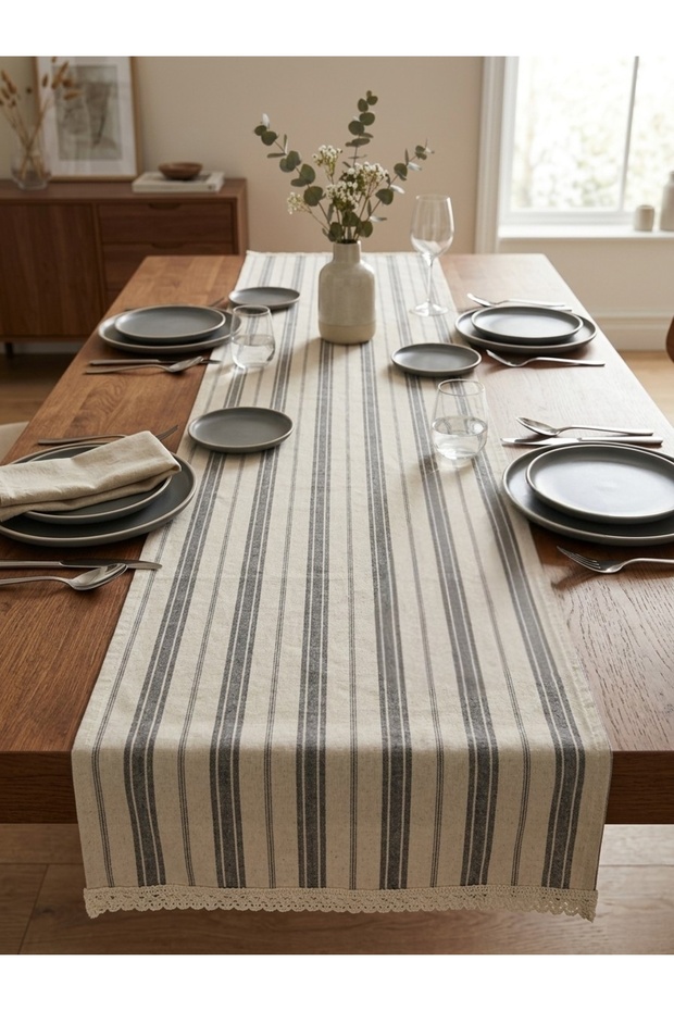 Natural Linen Striped Soft Fabric Cream Laced 45X115 cm Runner