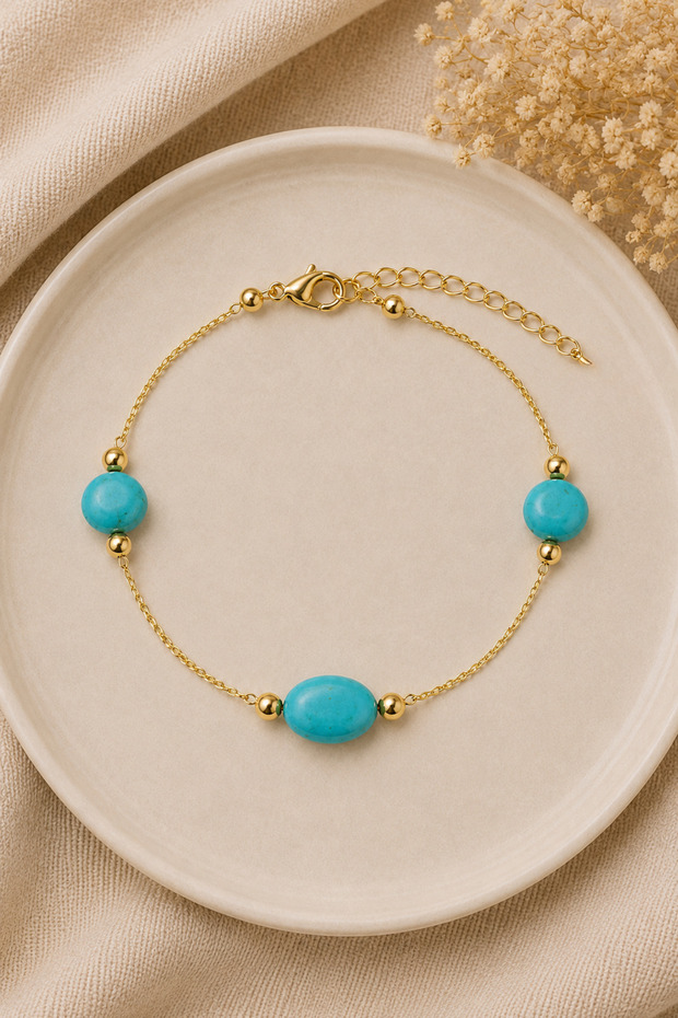 3-Piece Round Turquoise Color Stone Bracelet with Metal Components
