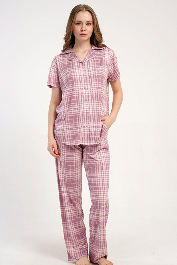 Women's Front Buttoned Short Sleeve Pink Pajama Set C6T9N1215