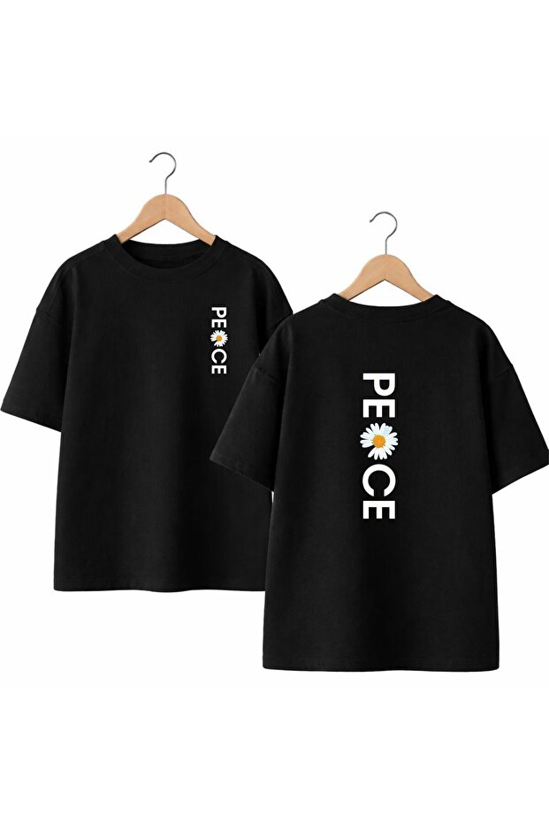 Peace Back and Front Chest Printed 100% Cotton Oversize Loose Regular Fit Crew Neck T-Shirt