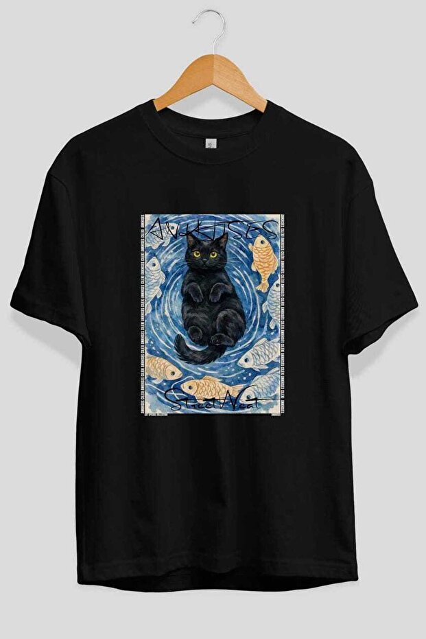 For the Sake of Cat 107 Front Cat Printed Black Oversize T-Shirt 100% Cotton Unisex Cat Lover Premium Design