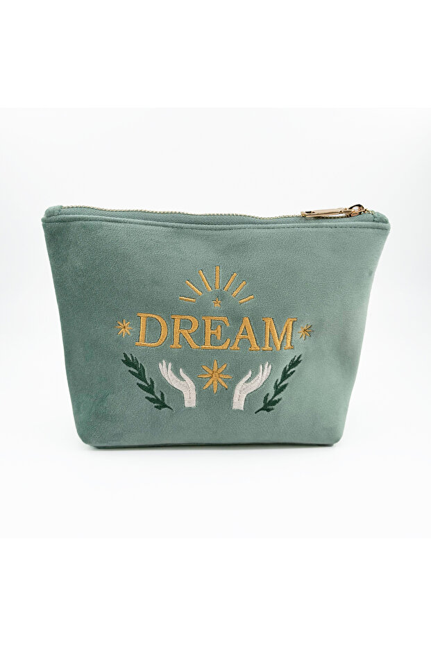 Mint Green Dream Embroidered Velvet Makeup Bag & Organizer 23X15X7 cm