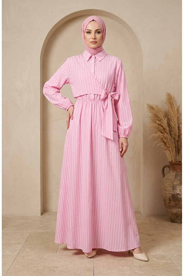 Half Buttoned Elastic Waist Striped Dress 0320-08 Pink