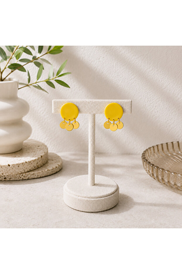 Mini Round Gold Medallion Detailed Yellow Modern Earrings