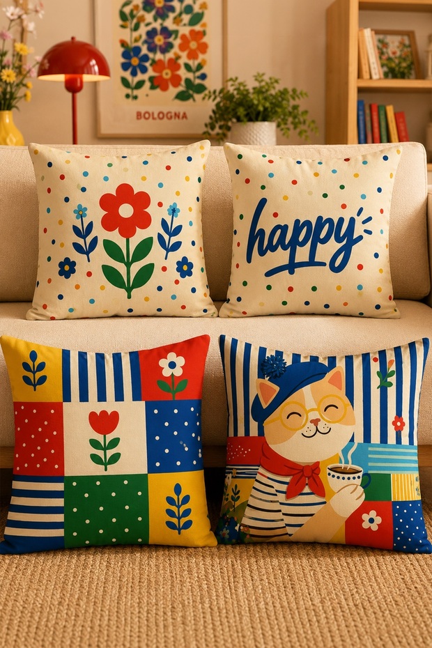 Cat and Flower Themed Patterned 4-Piece Throw Pillow Cover Set