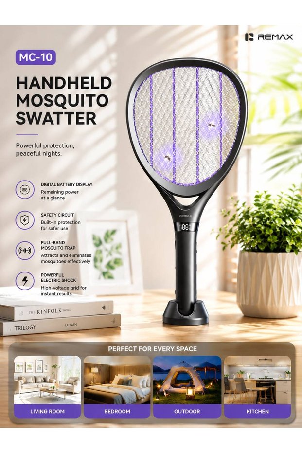 MC-10 Rechargeable Electric Mosquito Swatter Racket with Digital Battery Display, Safe High-Voltage Bug Zapper, Indoor & Outdoor Mosquito Killer