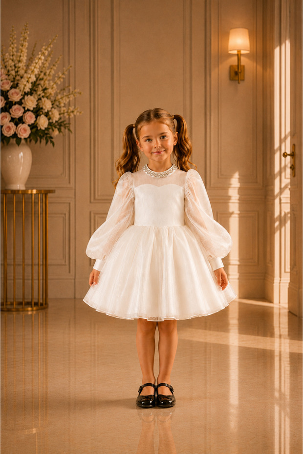 Shedress Girls' White Stone Embellished Tulle Evening Dress Special Occasion Dress