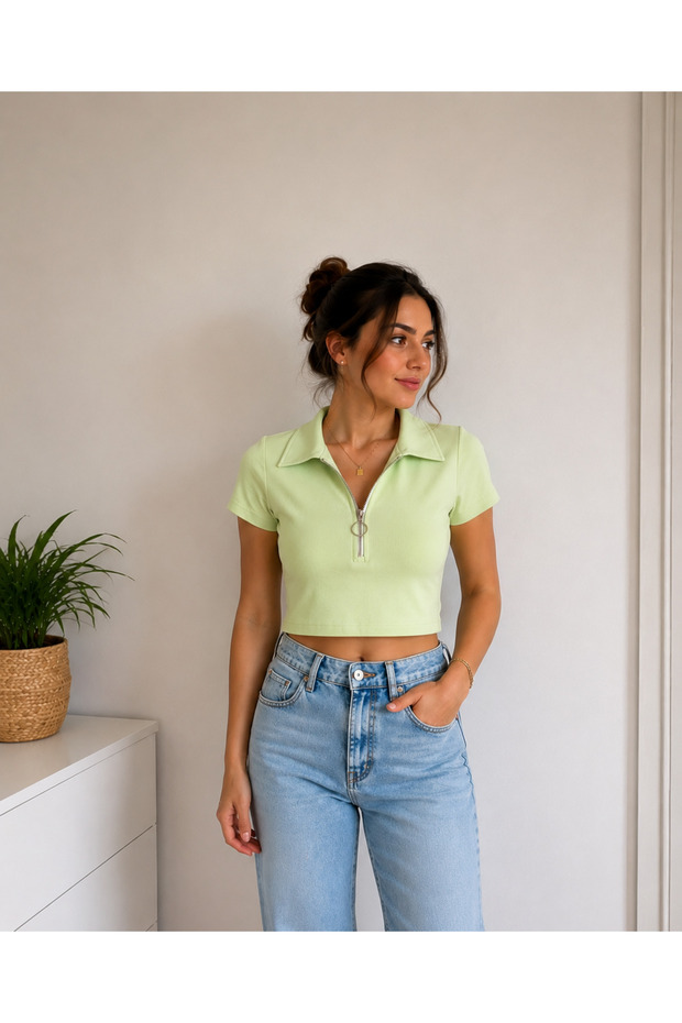 Neon Green Zipper Detailed Crop Polo Collar Women's T-Shirt