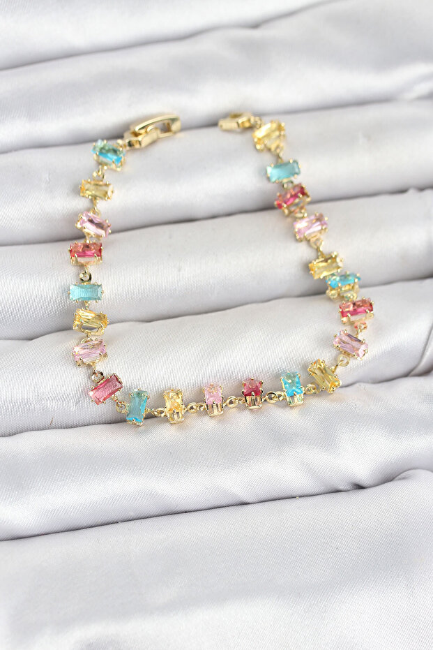 Crystal Stone Baguette Cut Mixed Color Gold Color Gema Women's Bracelet