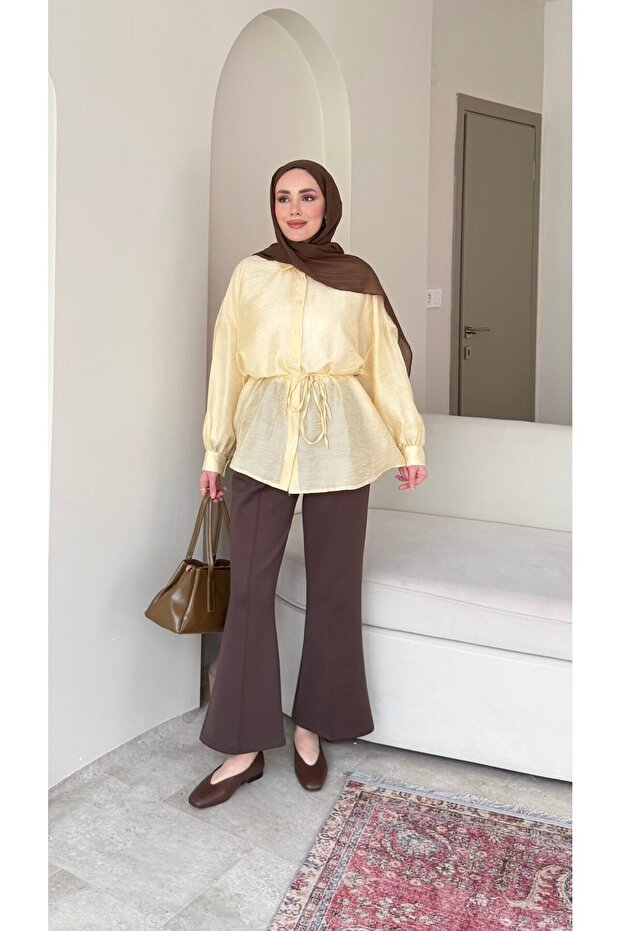 Women's Hijab Waist-Tie Tunic Shirt - Yellow