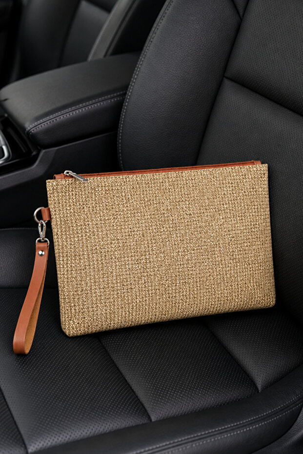 Wicker Portfolio Handbag with Wrist Strap, Satin Lining, Wicker Look Clutch Bag