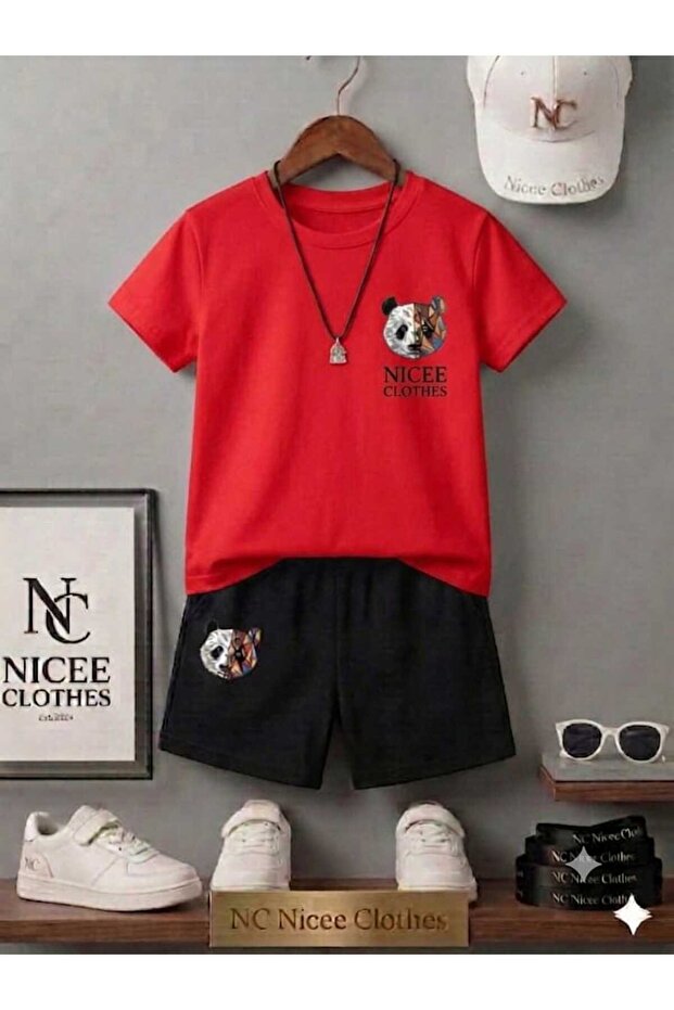 Summer Children's T-Shirt Shorts Unisex (Small Panda Print on the Left)