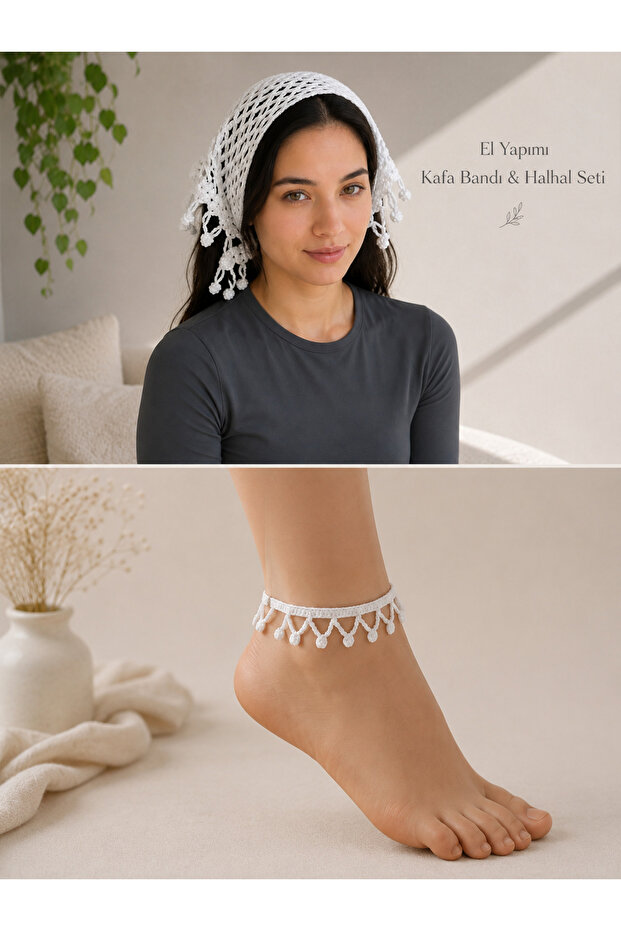 Handmade White Lace Headband & Anklet Set – Bohemian Style Women's Accessory