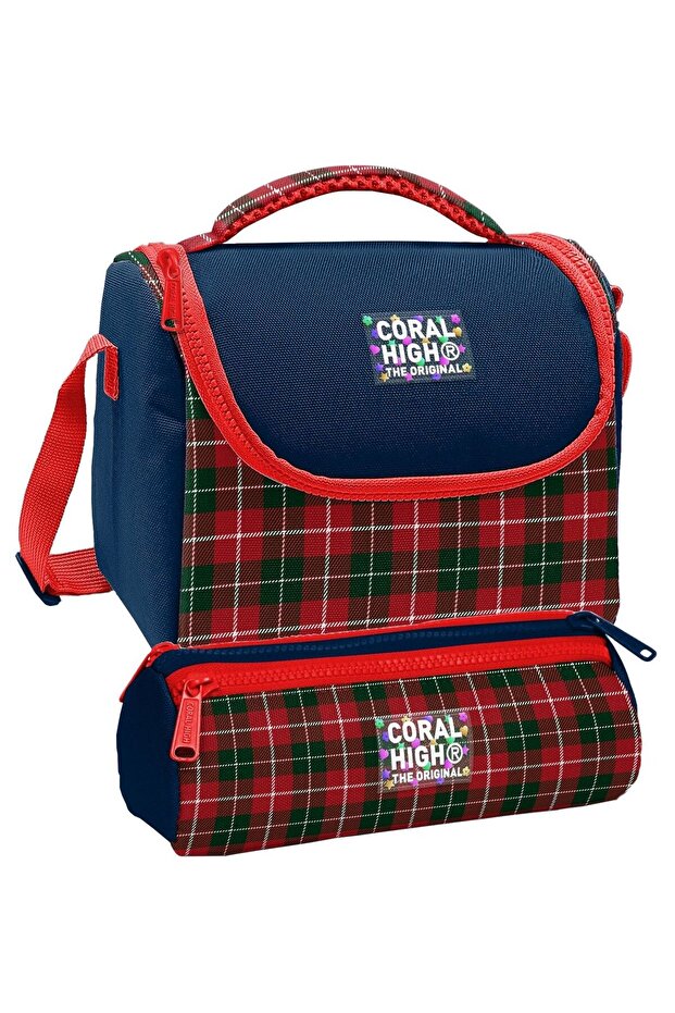 Lunchbox and Three-Compartment Pen Holder Set - Navy Blue Red Plaid Patterned for Girls 37107