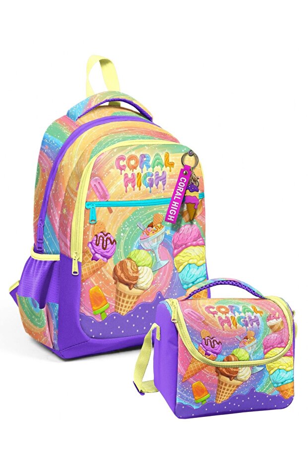 Purple Yellow Ice Cream Printed Girls' School Bag and Thermo Lunch Box Set