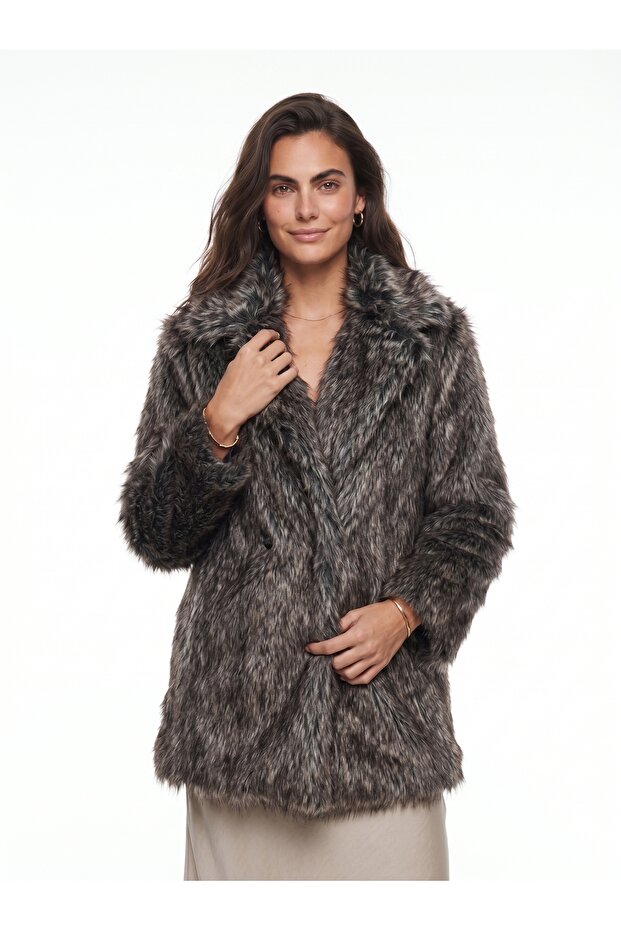 Black Gray Faux Fur Polyester Fabric Double Breasted Collar Lined Araboy Coat