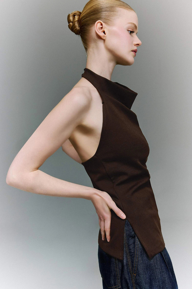 F8007Axbn267 Brown Slim Fit Halter Neck Blouse