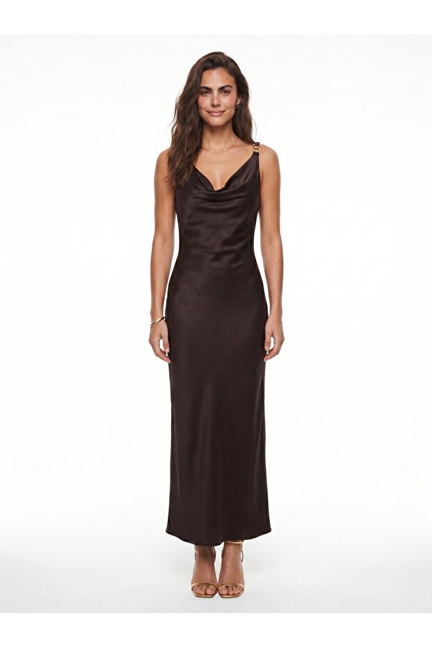 Bitter Brown Satin Thin Straps Draped Form-Fitting Long Dress with Accessory Detail and Tie Back