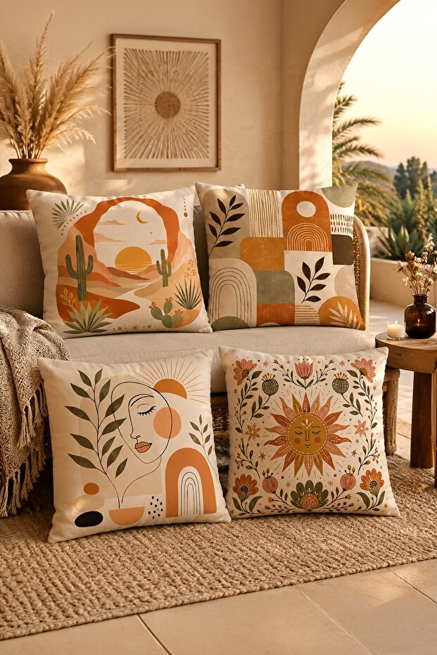 Desert Icons Patterned 4-Piece Throw Pillow Cover Set