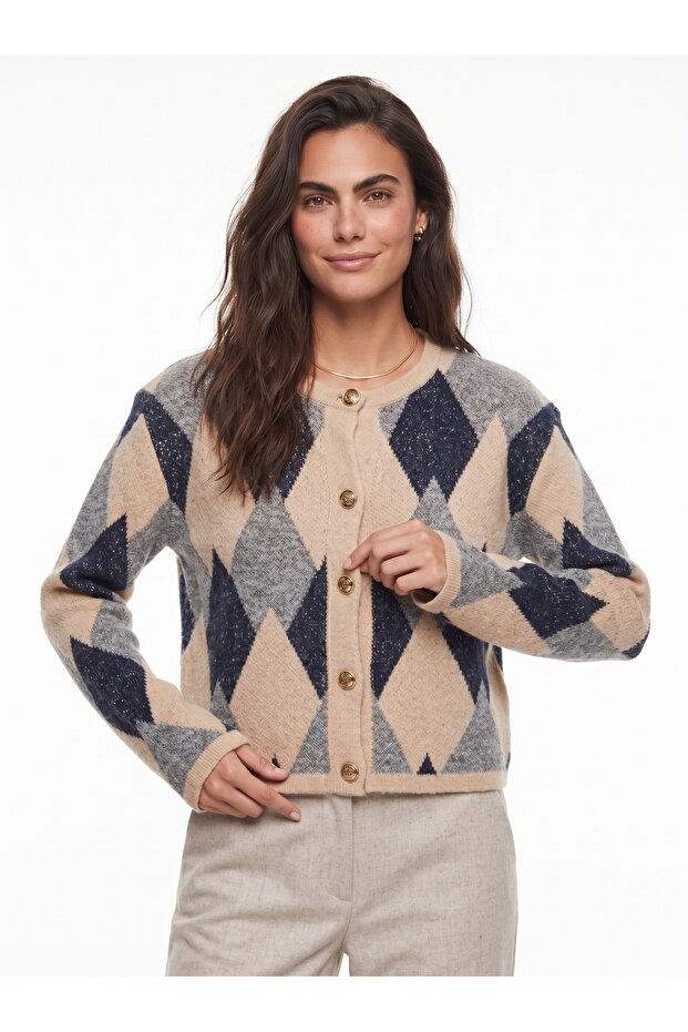 Beige Navy Blue Acrylic Knitwear Crew Neck Argyle Patterned Buttoned Standard Size Cardigan