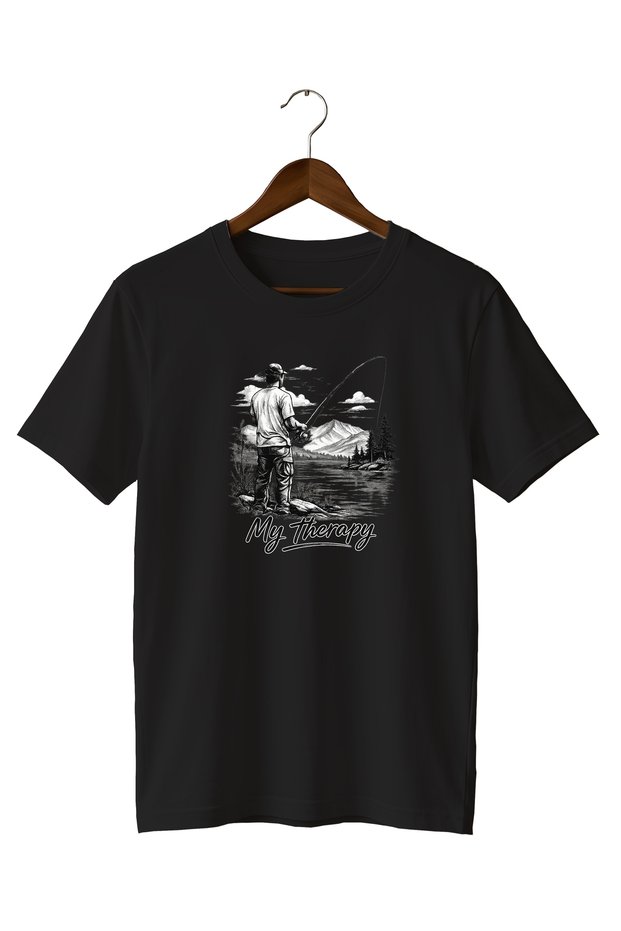 Nature Mountain and Fisherman My Therapy Drawing Printed T-Shirt 100% Cotton