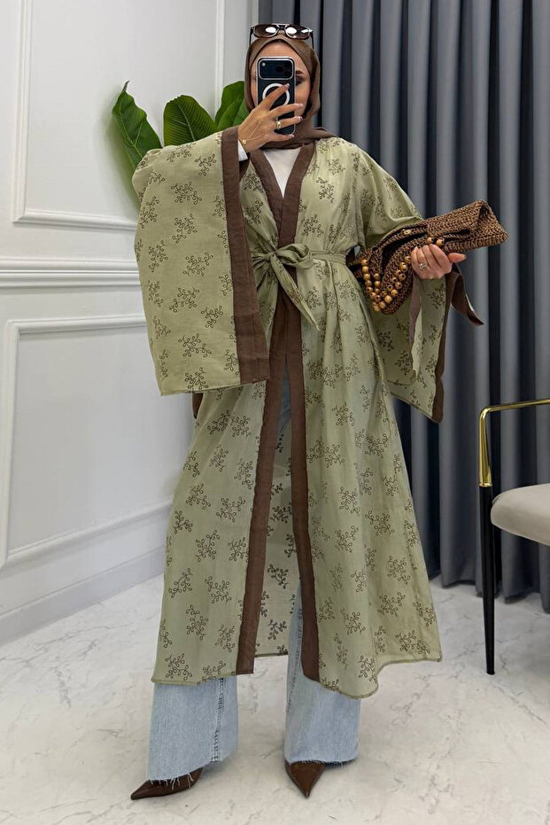 Sage Green Embroidered Kimono - 5097