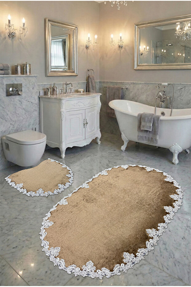 Kozan Non-Slip Base, Dowry Box, Soft Lace Detailed 2-Piece Super Luxury Oval Bath Mat Set