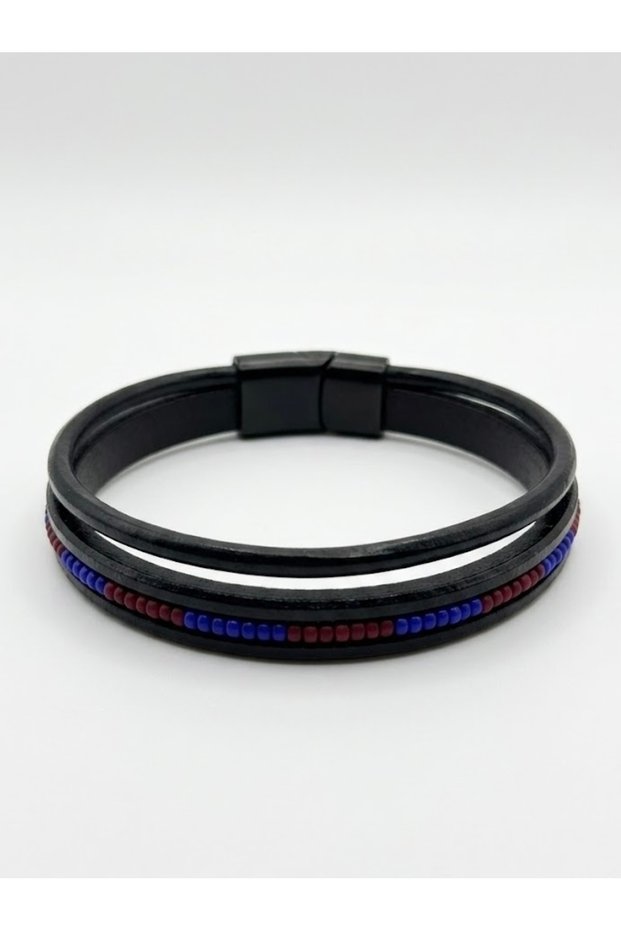 Leather Fan Bracelet (Burgundy-Blue)