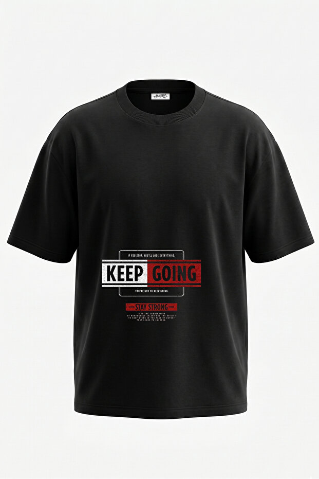 Keep Going Design Back Printed Cotton Black Oversize T-Shirt