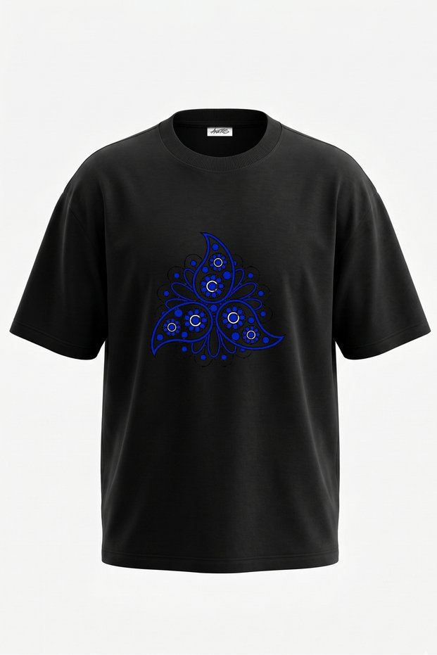 Paisley Motif Design Back Printed Cotton Black Oversize T-Shirt
