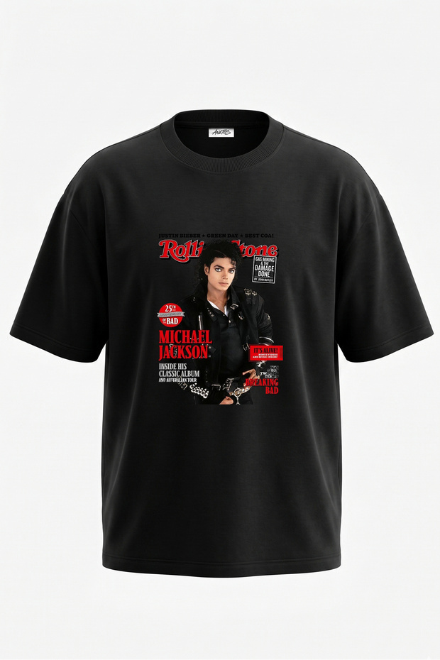 Michael Jackson_3 Design Back Printed Cotton Black Oversize T-Shirt