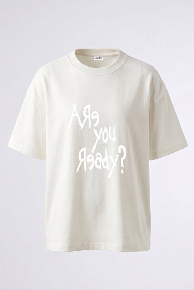 Grungy Are You Ready Design Back Printed Cotton White Oversize T-Shirt