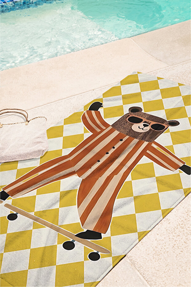 Skateboarder Bear Yellow Plaid Kids Beach Towel - Fun Illustration Unisex Microfiber Towel