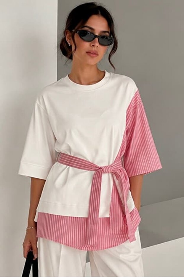 Woven Garnished Belted Oversize Blouse – Striped Detailed Loose Fit Women's Blouse My3535