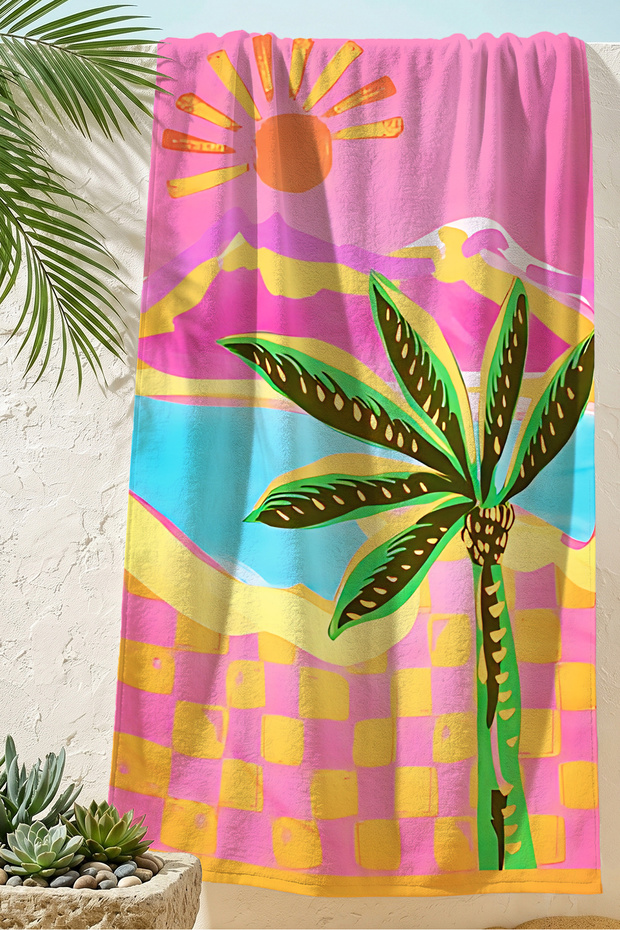 Palm Tropical Pink Beach Towel Coverlet - Mediterranean Modern Colorful Quick-Dry Microfiber Towel Coverlet