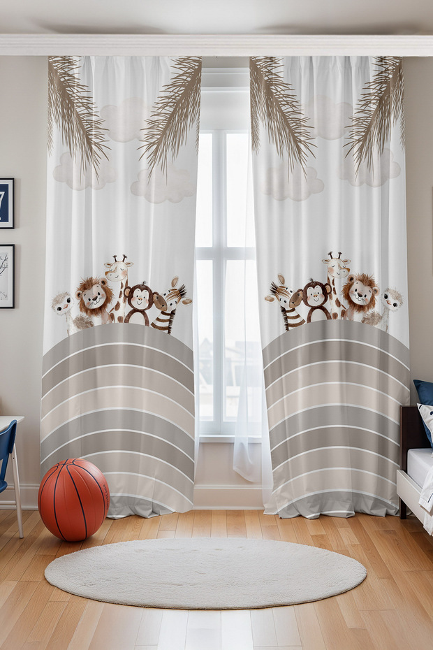 Safari Friends Patterned Children's Baby Room Background Curtain (Single Wing Pricing)