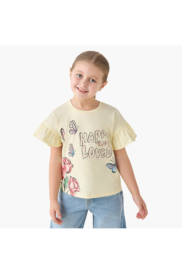 Crew Neck Short Ruffle Sleeves T-shirt with Slogan Print
