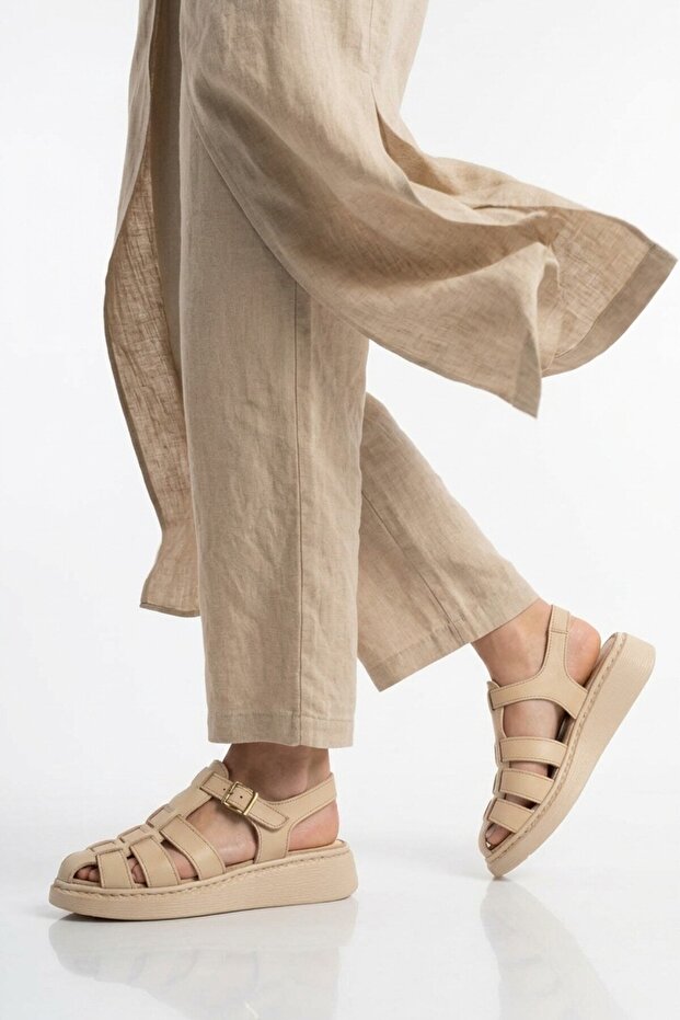 Beige Lightweight Genuine Leather Soft Sole Women's Sandals 12500 Z