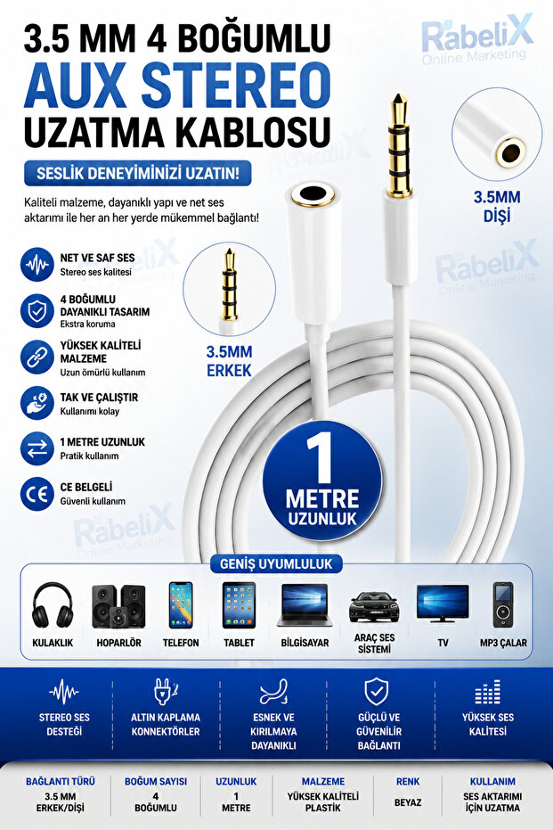 1 Meter 4 Nodes Aux Extension Cable 3.5mm Stereo Male to Female Headphone Audio Extension Cable with Microphone Support