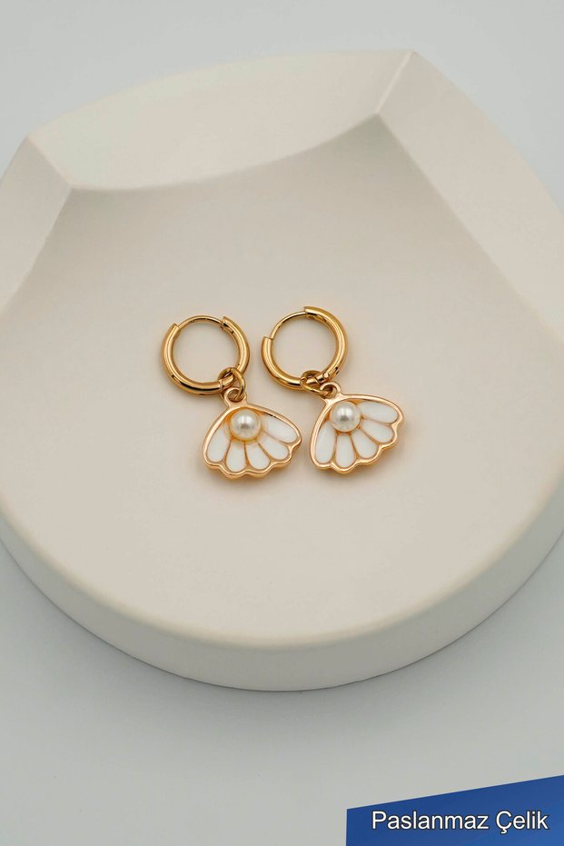 Steel Gold Pearl Detailed Seashell Figured Hoop Earrings