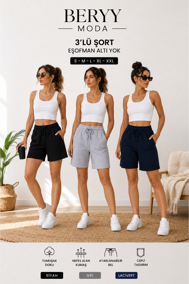 The Triple Shorts Set in Black, Gray, and Navy Blue Offers Superior Comfort, Suitable for Both Home and Street Wear.