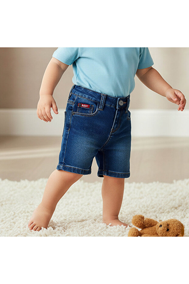 Solid Denim Shorts with Button Closure and Pockets