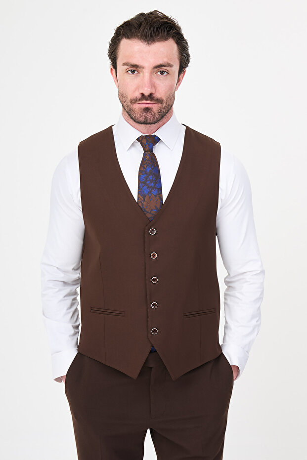 Textured Slim Fit Classic Men's Vest Brown - 40955.26Y