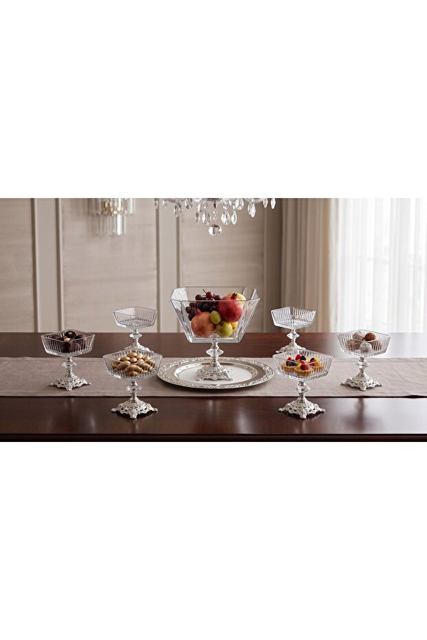Luxury Silver Footed 7-Piece Glass Dessert, Magnolia and Treat Presentation Set Dowry Box Home Gift