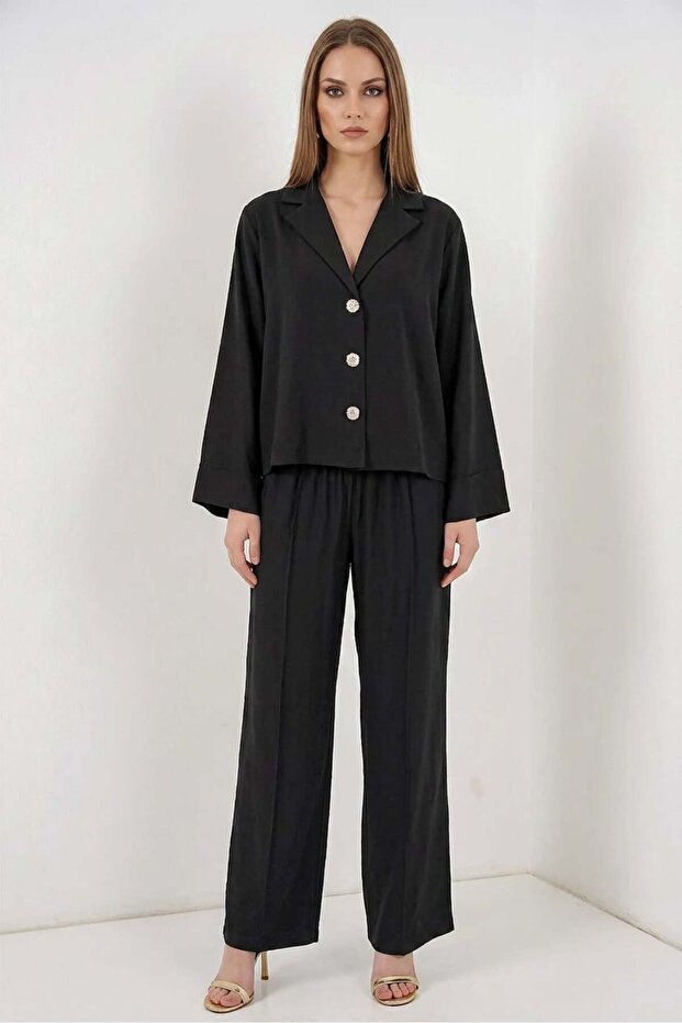Women's Classic Collar Regular Waist Buttoned Viscose Black Double Suit